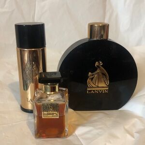 Lanvin talc, perfumes arpege in glass 2 fl and copper sheathed bottles vintage